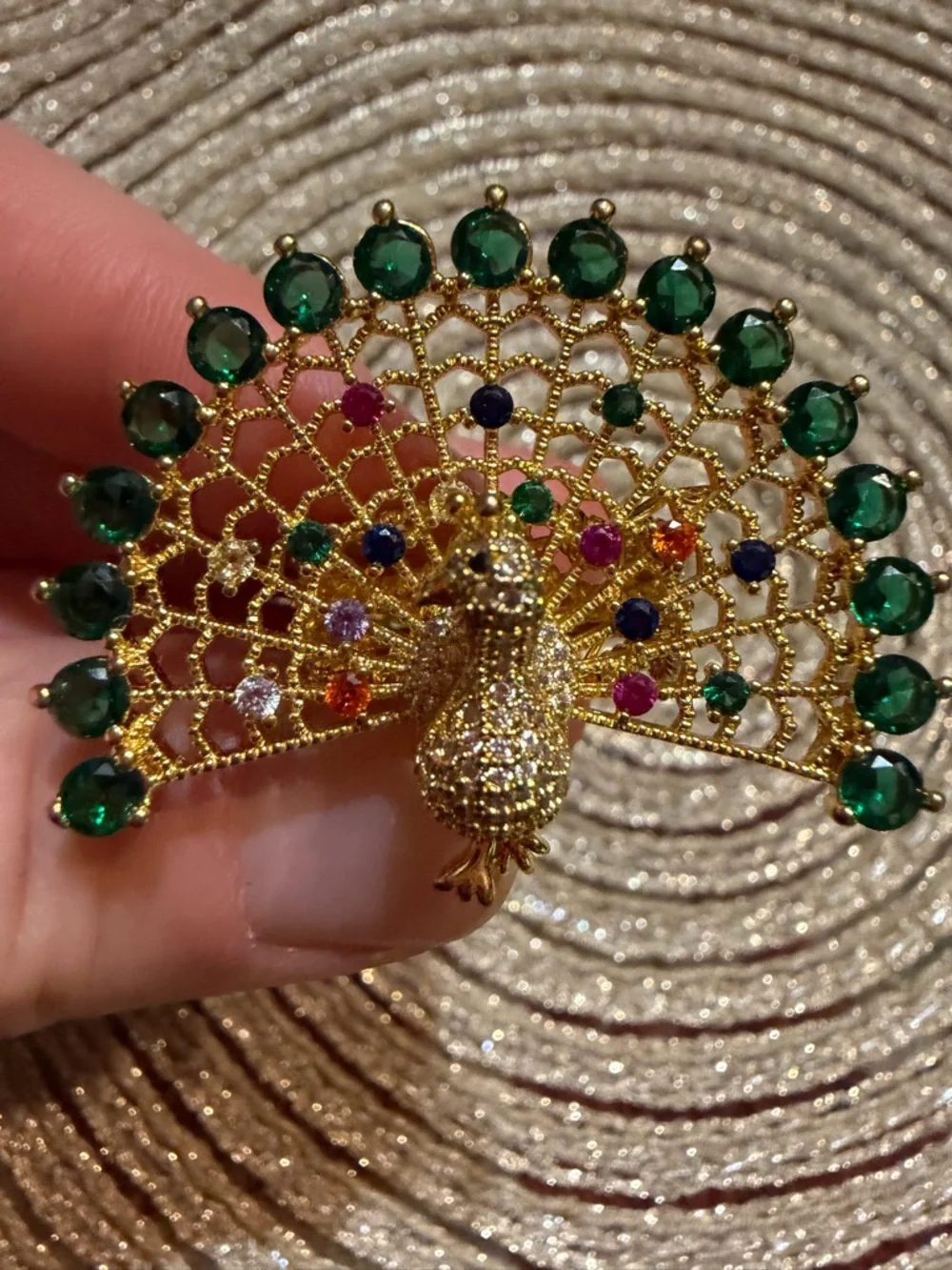 Gold Tone Peacock Statement Ring Rhinestone Crystal Adjustable Open Band Colors